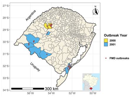 Assessing epidemiological parameters and dissemination characteristics of the 2000 and 2001 foot-and-mouth disease outbreaks in Rio Grande do Sul, Brazil